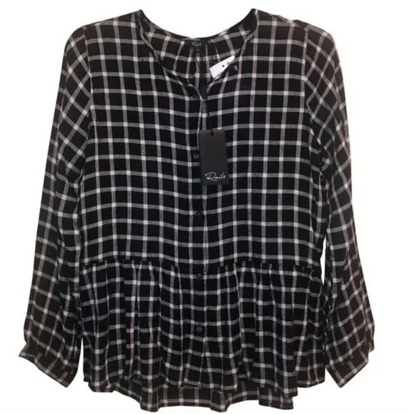 Rails Black and white Long Sleeve Plaid Checkered Ruffle Small Babydoll Blouse - Picture 1 of 4
